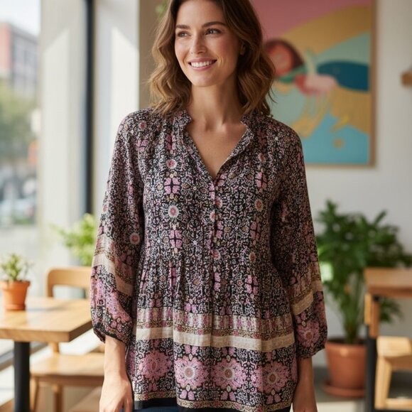 Cato 22/24  BohoFloral V-Neck Women's Top - Black and Pink - Picture 1 of 7